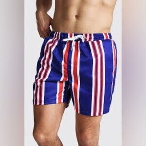 Boohoo Blue Swim Trunks with Red and White Stripes
